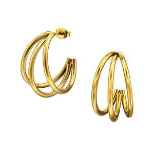 Triple Gold Open Hoop Earrings Layered 316L Stainless Steel Statement Hoop 25mm